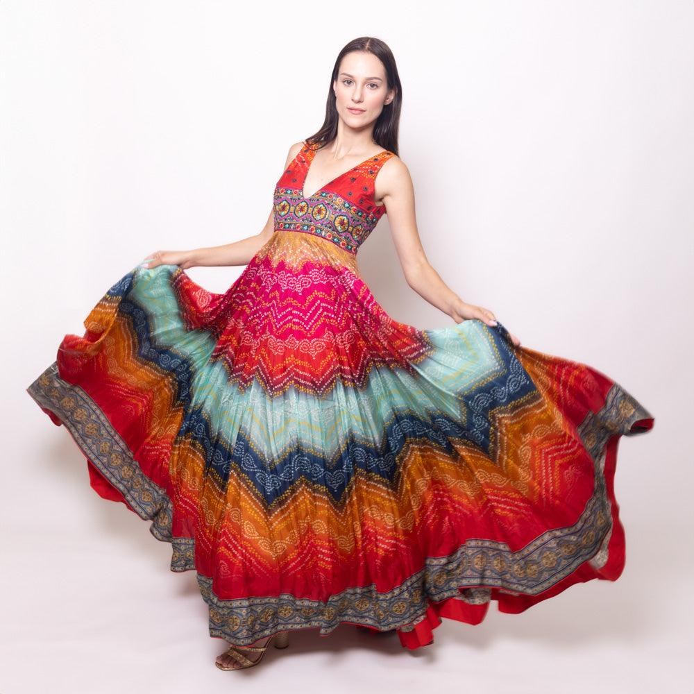 Leandra Long Dress with Bandhani Print