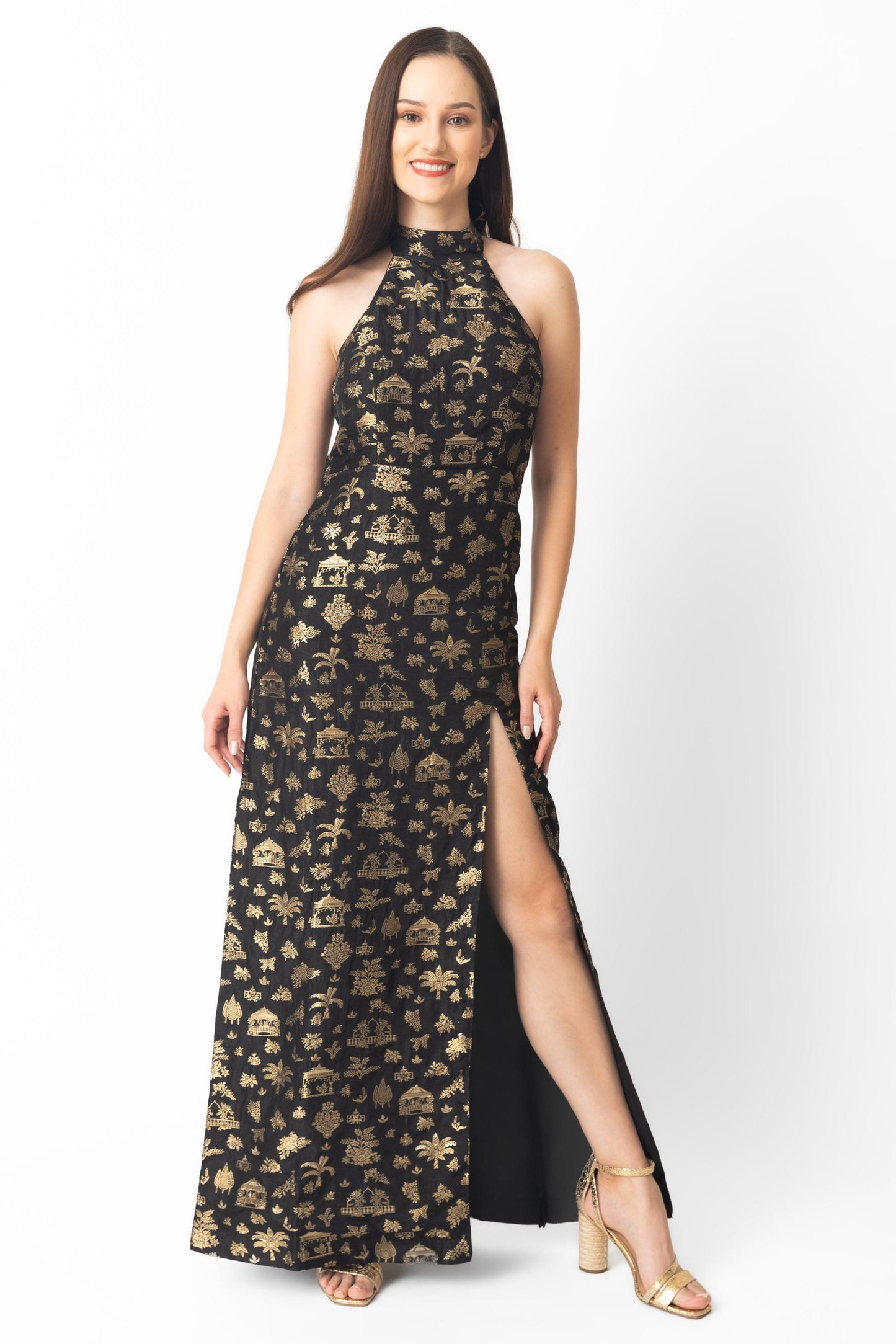 Leontine Black and Gold Long Dress with Slit