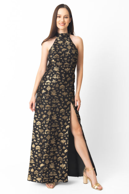 Leontine Black and Gold Long Dress with Slit