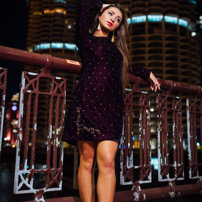 Lica Wine Velvet Dress with Hand Embroidery