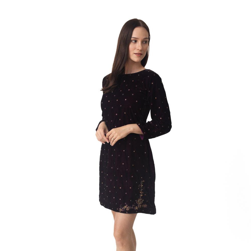 Lica Wine Velvet Dress with Hand Embroidery