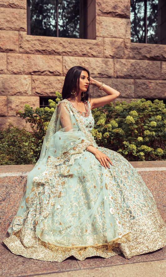 Mint Green Net Lehenga Choli with Sequins Embroidery