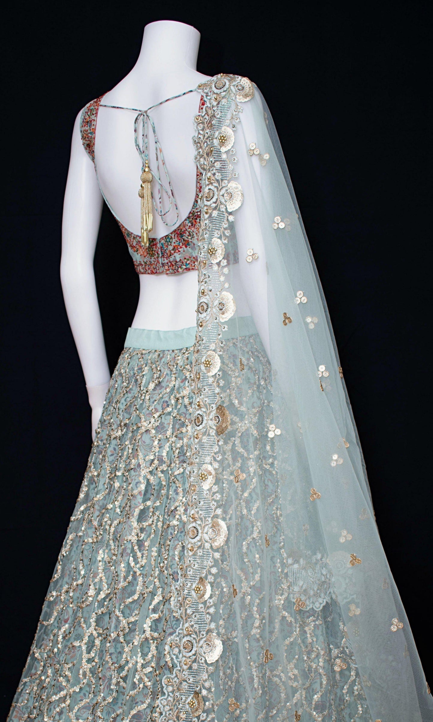 Mint Green Net Lehenga Choli with Sequins Embroidery