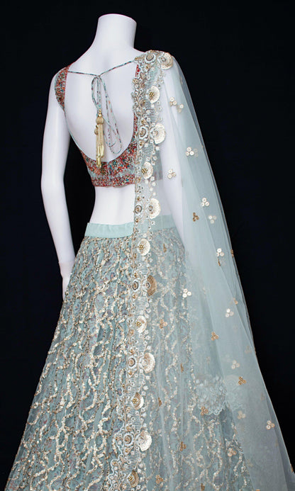 Mint Green Net Lehenga Choli with Sequins Embroidery