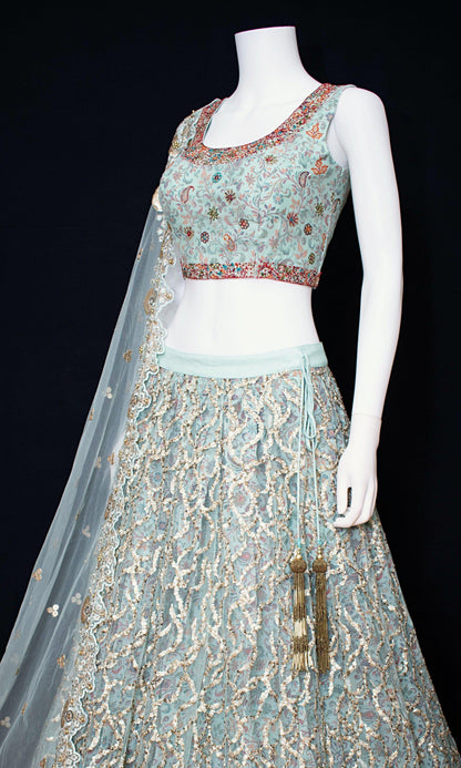 Mint Green Net Lehenga Choli with Sequins Embroidery
