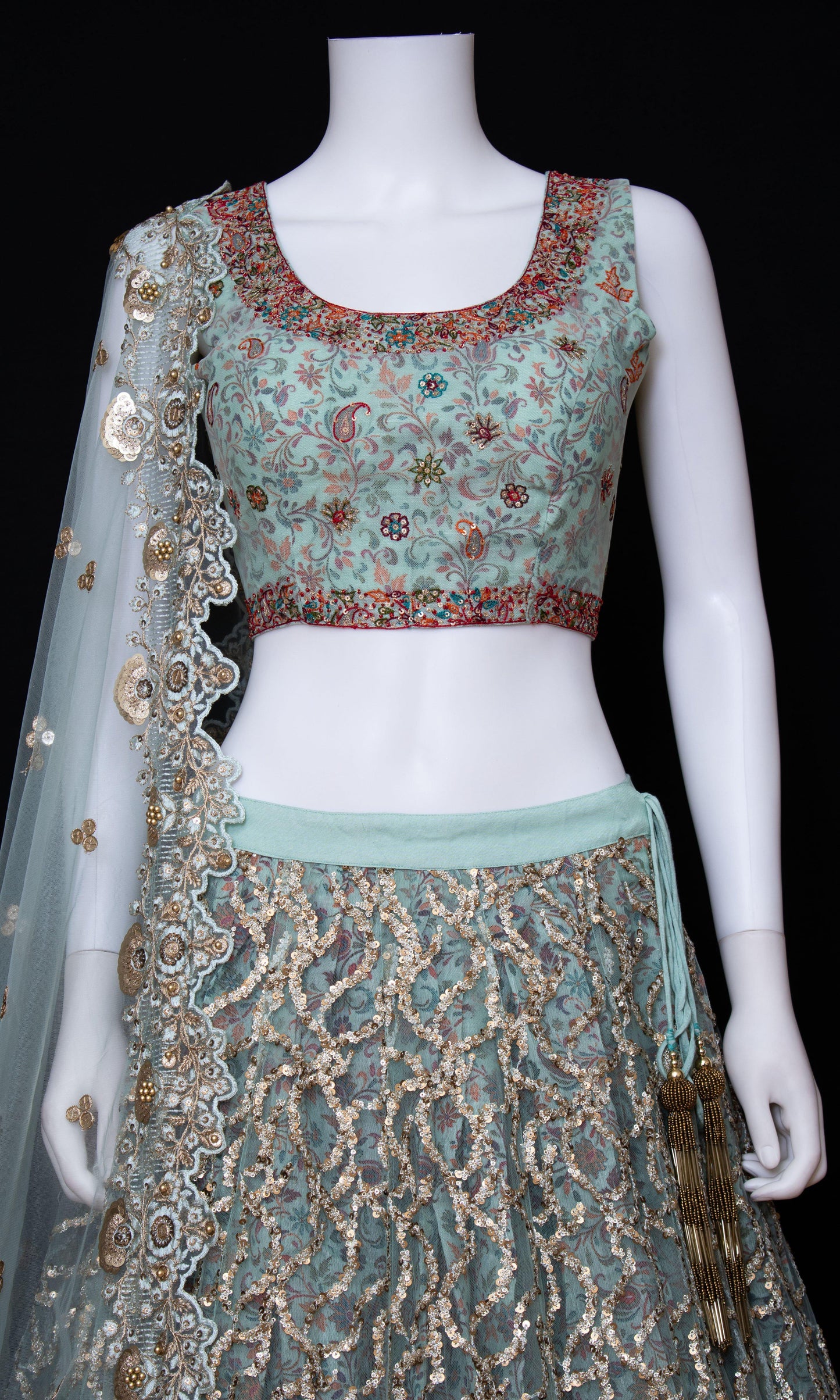 Mint Green Net Lehenga Choli with Sequins Embroidery