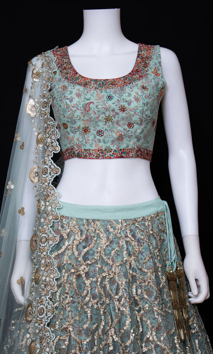 Mint Green Net Lehenga Choli with Sequins Embroidery