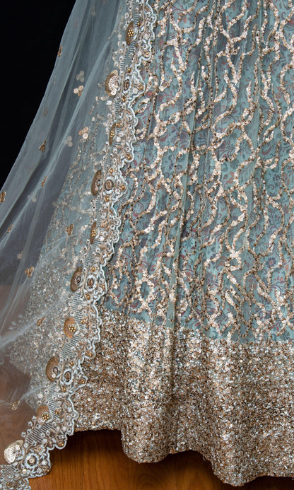 Mint Green Net Lehenga Choli with Sequins Embroidery
