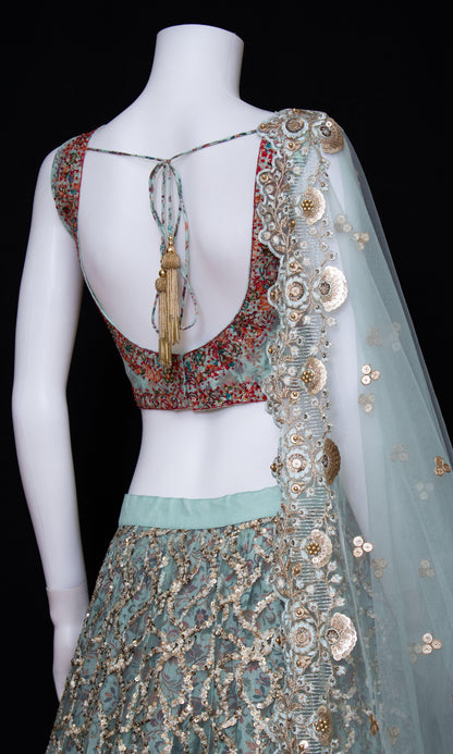 Mint Green Net Lehenga Choli with Sequins Embroidery