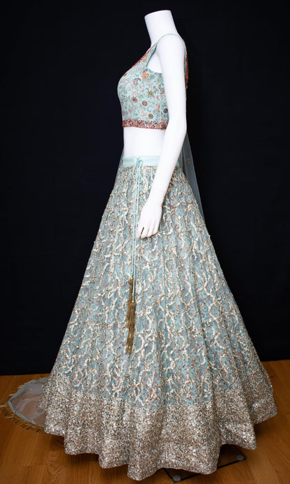 Mint Green Net Lehenga Choli with Sequins Embroidery