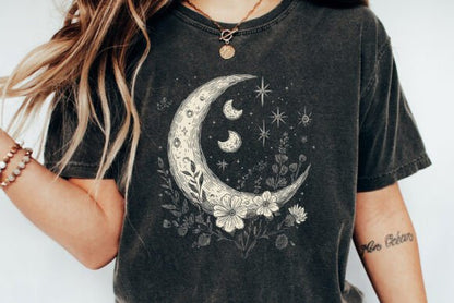 Moons and Stars Boho Flowers Vintage Unisex Bamboo/Cotton Graphic T-Shirt