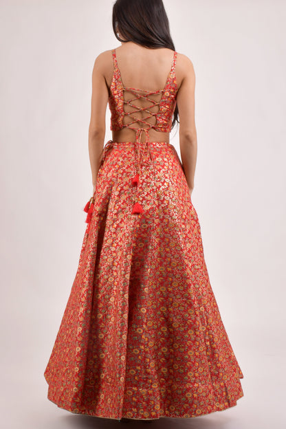 Flanna Red Banarasi Lehenga Choli Set
