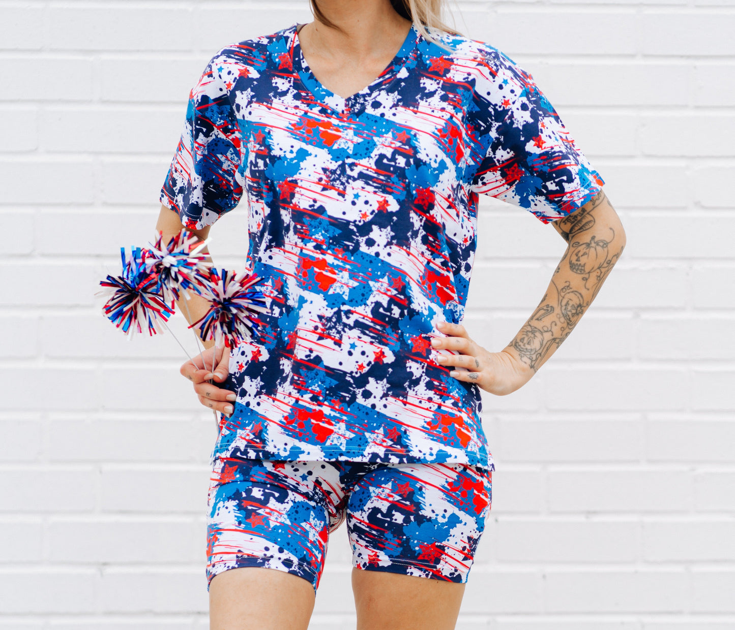 WOMANS BIKER SHORT SET- American Splatter - The Avenue44