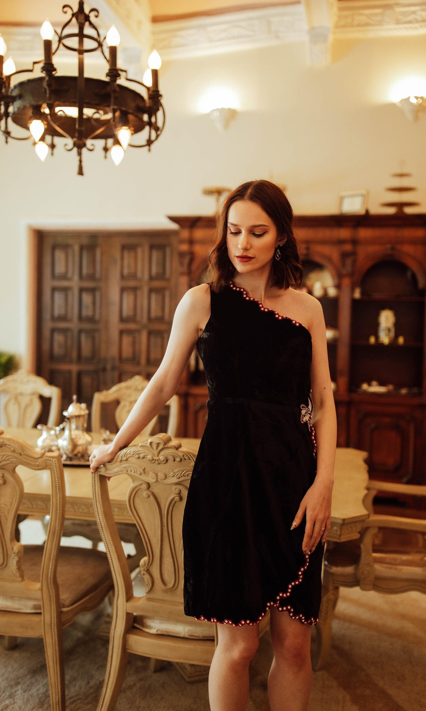 Regina Black Mini Dress with Hand Embroidery