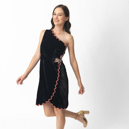 Regina Black Mini Dress with Hand Embroidery