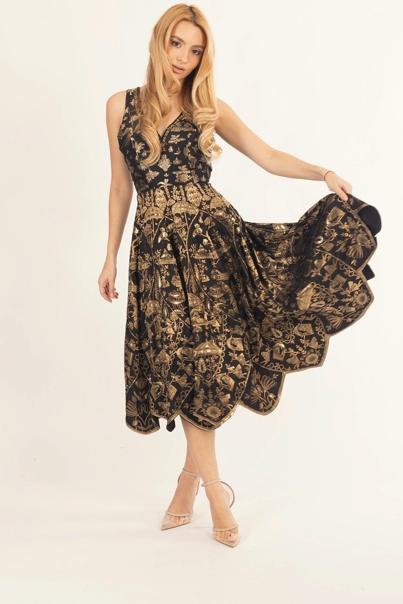 Sablora Black Midi Dress with Hand Embroidered Neckline