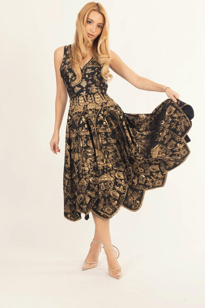 Sablora Black Midi Dress with Hand Embroidered Neckline
