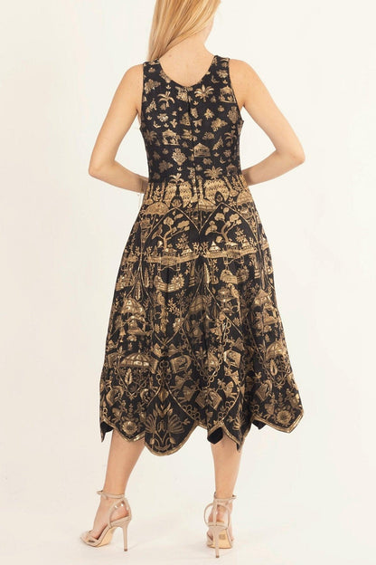 Sablora Black Midi Dress with Hand Embroidered Neckline