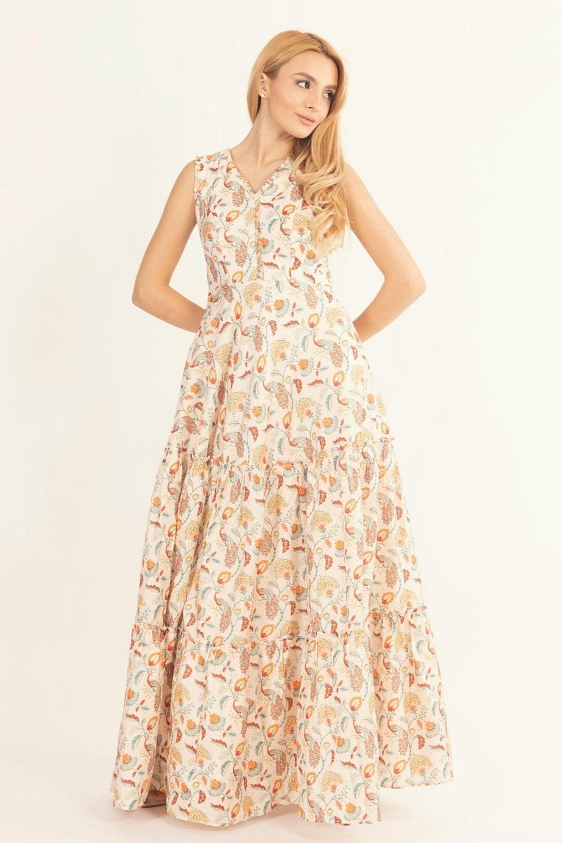 Sage Off-White Long Dress with All-Over Kalankari Print