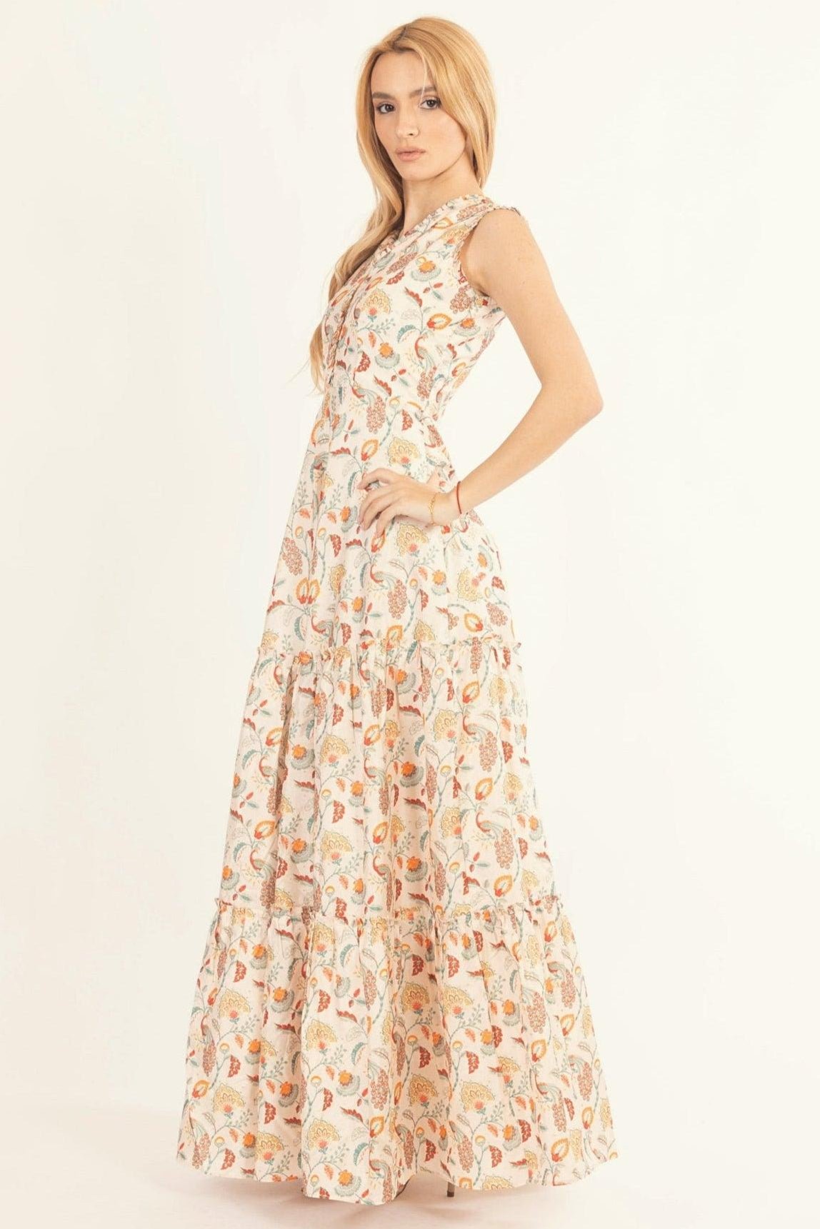 Sage Off-White Long Dress with All-Over Kalankari Print