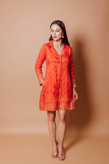 Samara Orange Blazer Dress with Jacquard Silk