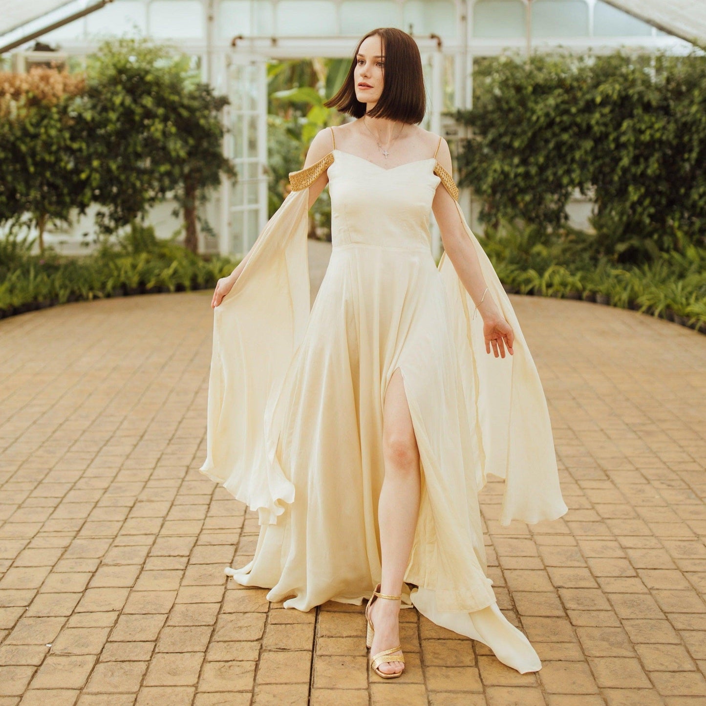 Tara Beige Long Dress with Slit