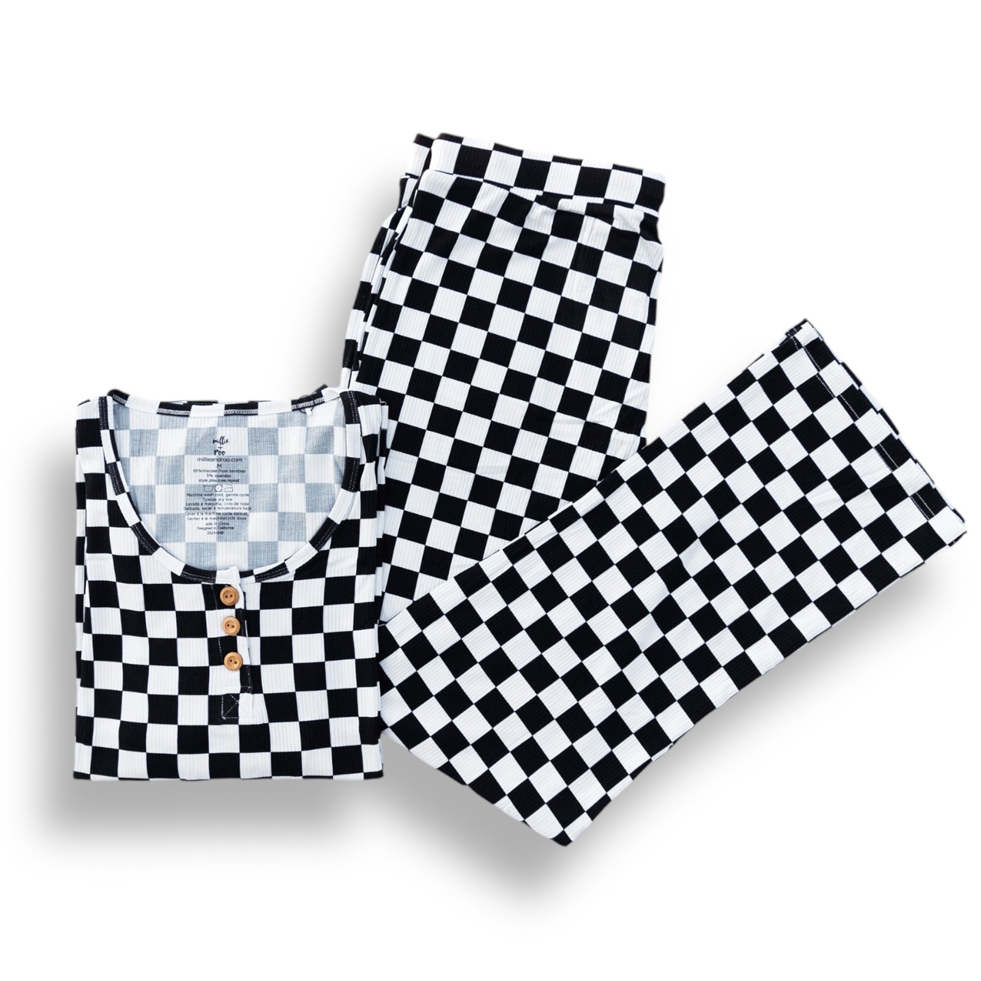 WOMEN'S PAJAMA SET- B+W Check Ribbed - The Avenue44