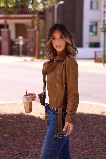 Audrey Taupe Vegan Suede Moto Jacket - The Avenue44