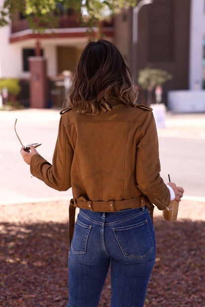 Audrey Taupe Vegan Suede Moto Jacket - The Avenue44