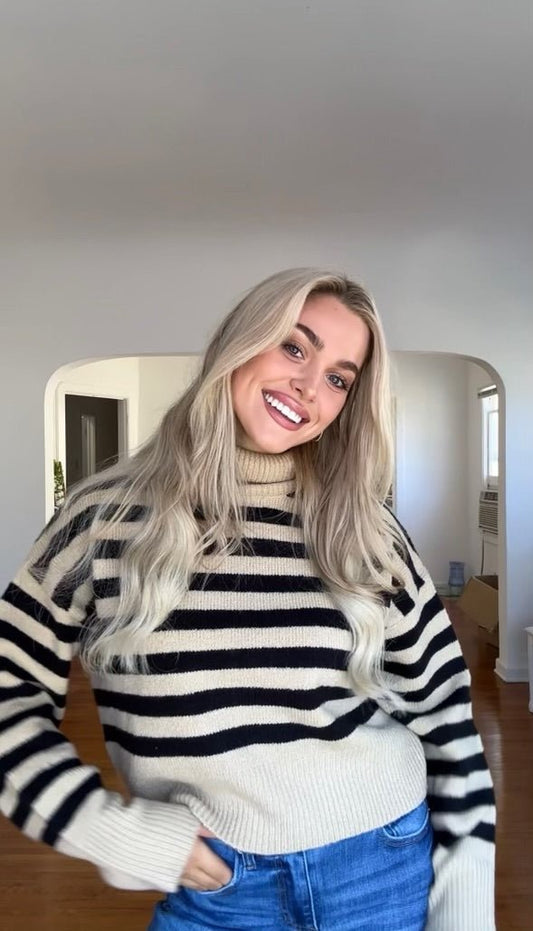 Beige and Black Striped Turtleneck Sweater-FINAL SALE - The Avenue44