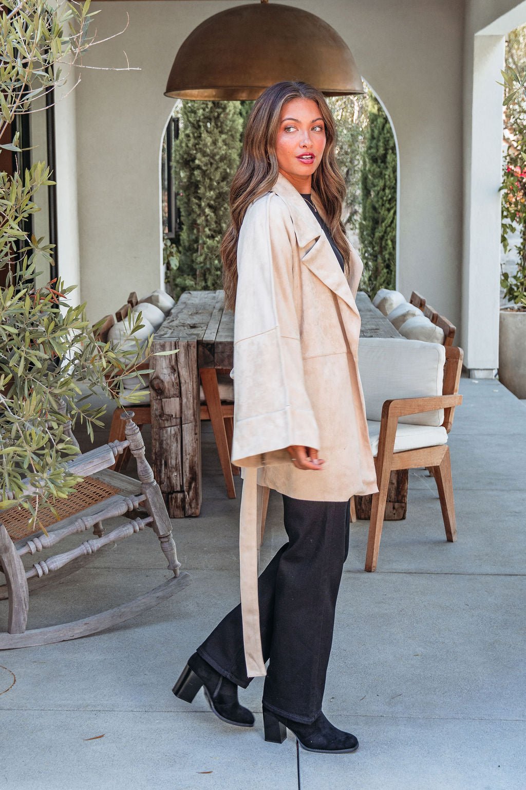 Beige Faux Suede Belted Coat - The Avenue44