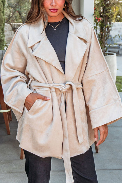 Beige Faux Suede Belted Coat - The Avenue44