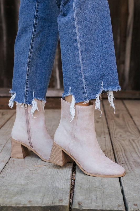 Beige Faux Suede Heeled Ankle Booties - FINAL SALE - The Avenue44
