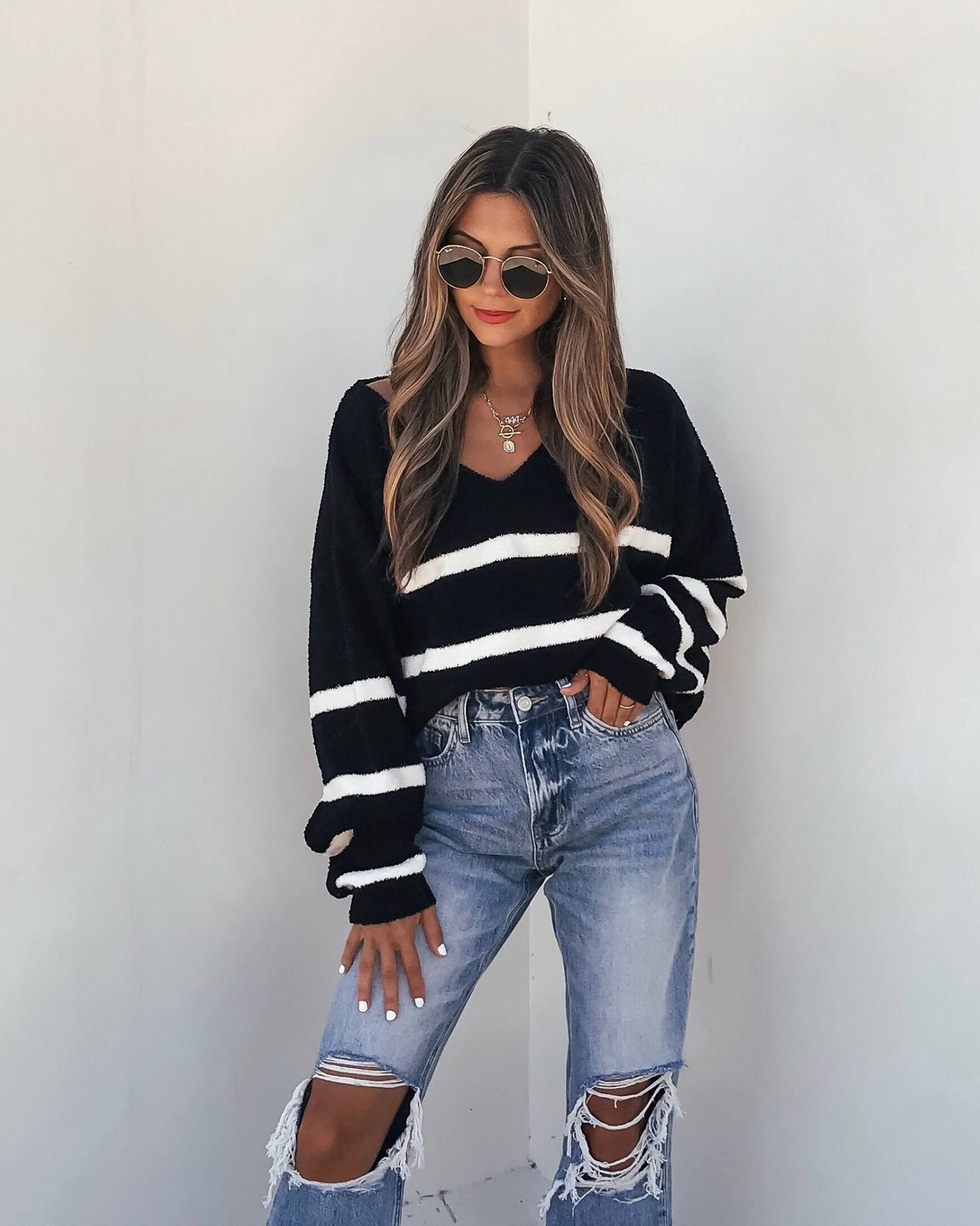 Black and White Striped V Neck Sweater - The Avenue44