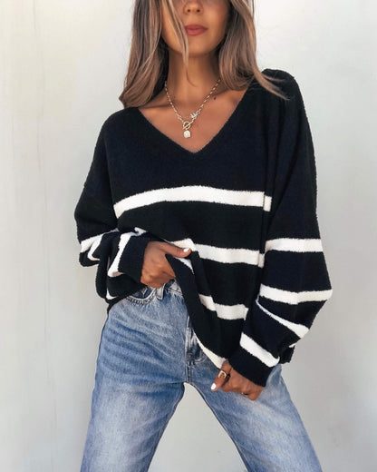 Black and White Striped V Neck Sweater - The Avenue44