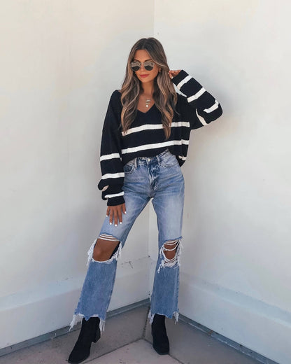 Black and White Striped V Neck Sweater - The Avenue44