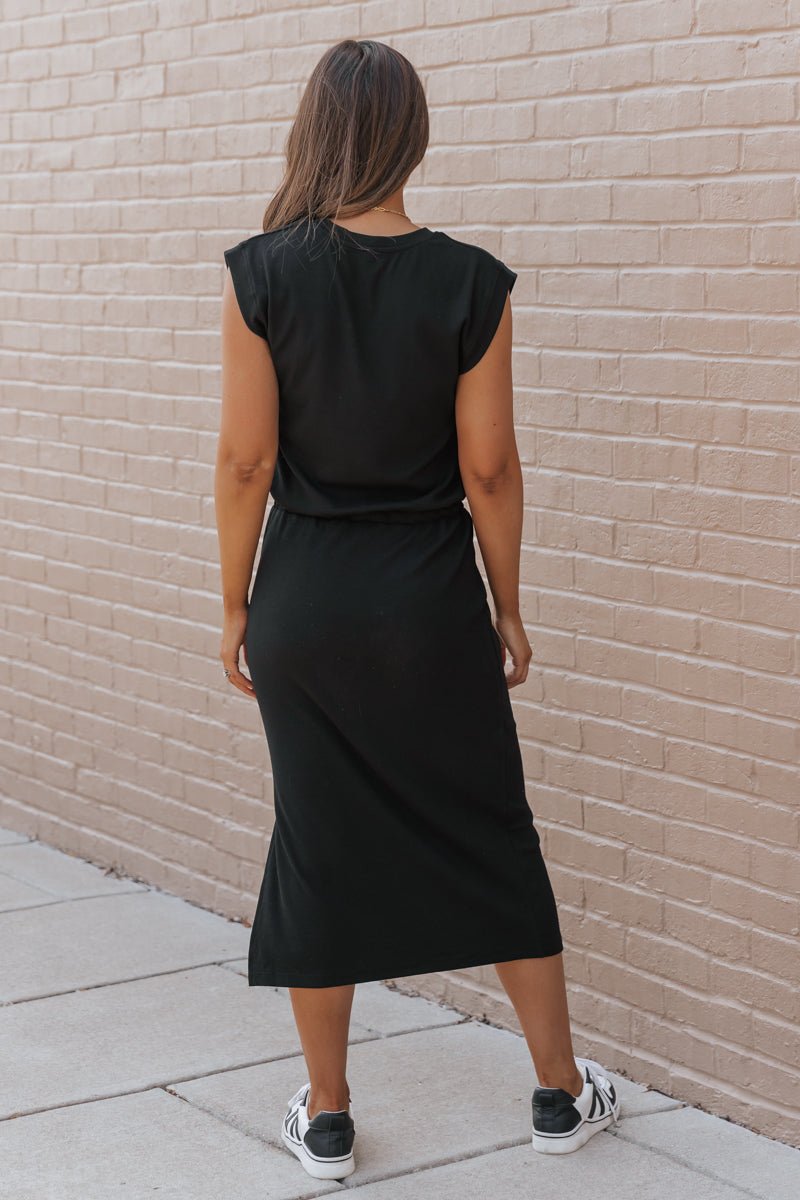 Black Drawstring Slit Midi Dress - The Avenue44