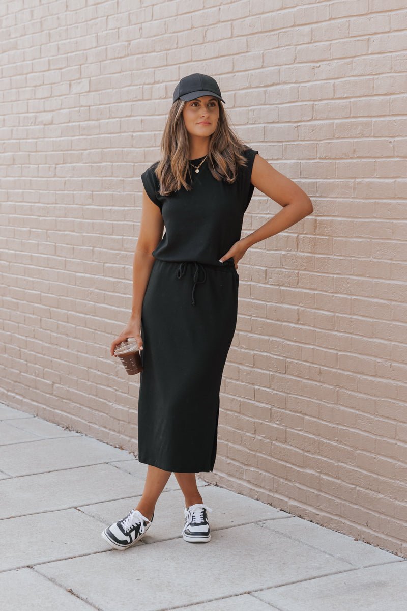Black Drawstring Slit Midi Dress - The Avenue44