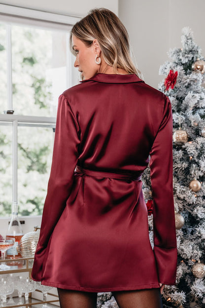 Burgundy Wrap Satin Mini Dress-FINAL SALE - The Avenue44
