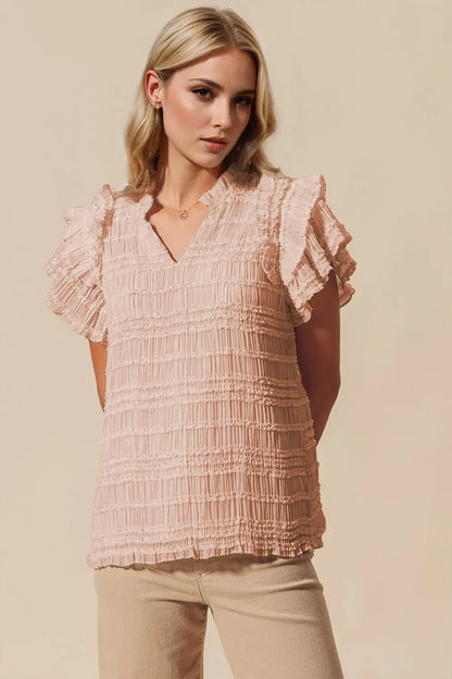 Oh Full Size Frill Notched Flounce Sleeve Blouse