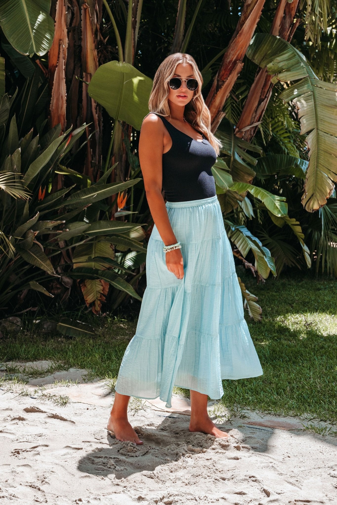 Evangeline Light Blue Tiered Midi Skirt - FINAL SALE - The Avenue44