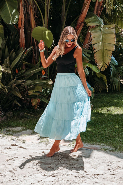 Evangeline Light Blue Tiered Midi Skirt - FINAL SALE - The Avenue44