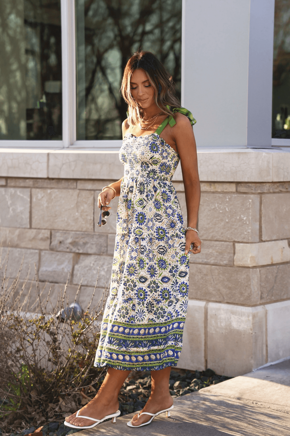 Green Mix Border Print Ribbon Strap Maxi Dress - FINAL SALE - The Avenue44