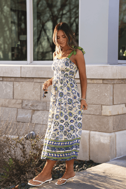 Green Mix Border Print Ribbon Strap Maxi Dress - FINAL SALE - The Avenue44