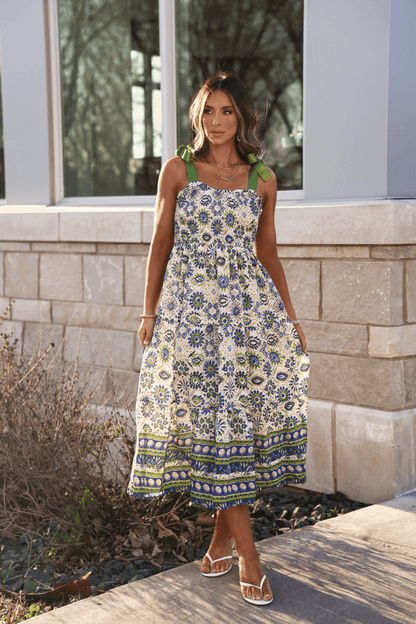 Green Mix Border Print Ribbon Strap Maxi Dress - FINAL SALE - The Avenue44