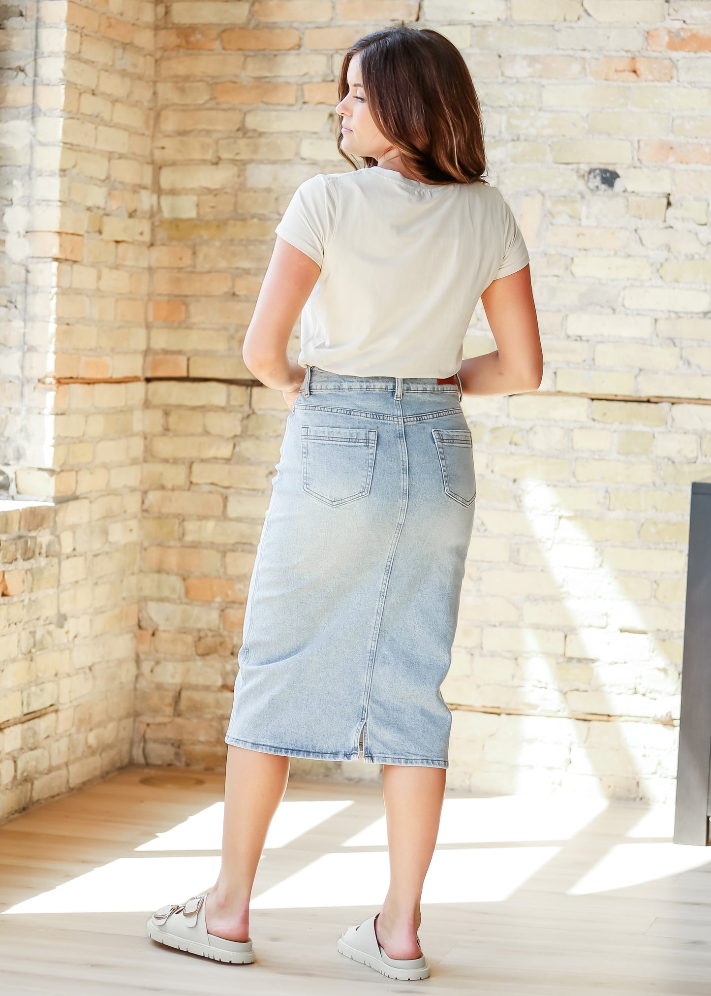 Greta Light Wash Midi Denim Skirt