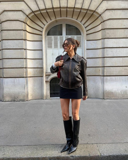 Vintage 90s Oversized Leather Bomber Jacket ,Distressed Black Real Leather Jacket,  Parisian Street Style Women’s Outerwear.
