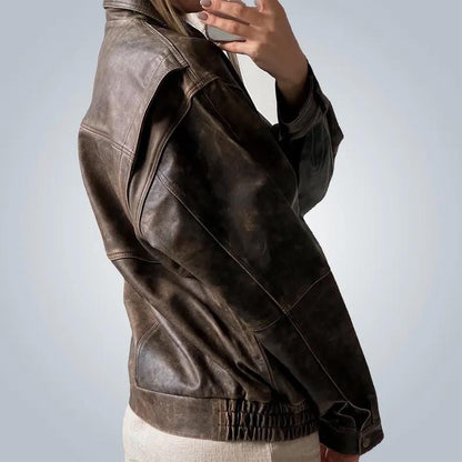 1980s & 90s Oversized Retro Distressed Brown Vintage Handmade Real Leather Jacket Women’s Streetwear Loose Fit Boxy Leather Coat,Ladies gift