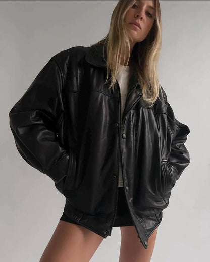 90's Style Women Oversized Bomber Leather Jacket, Ladies Black Leather Jacket, Women's Bomber Jacket, Gift for Her, Christmas Jacket Gift