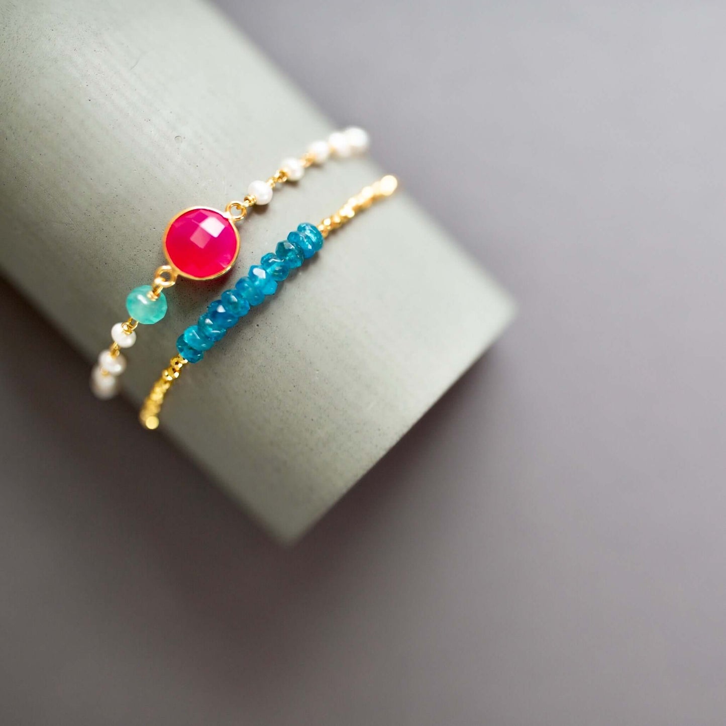 Bracelet Set: Hot Pink Chalcedony and Neon Apatite Stones